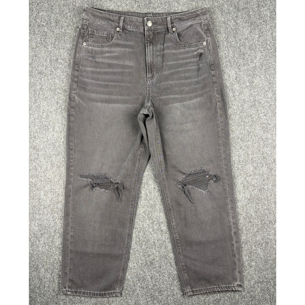 American Eagle Mom Straight Jeans Womens 14 Short Black Distressed High Rise